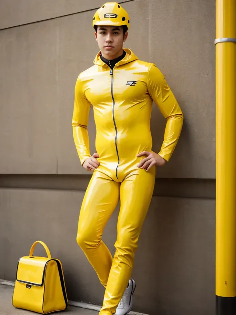 A high school boy wearing yellow latex catsuit 