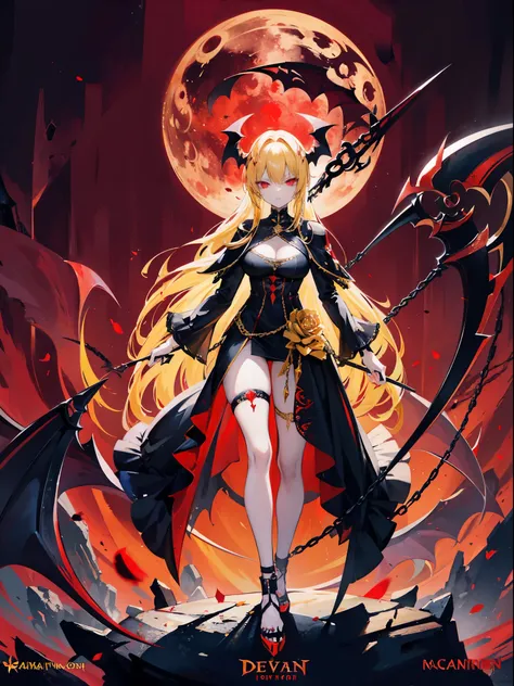 yellow-haired devil, with chain scythe, Sexy clothing, Red eyes,, Red moon and blue rose, Fantasy background long dress，Golden armor，poster，vampire，glowing eyes，glowing eyes，epic，glorious