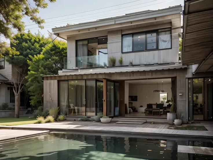 color photo of a modern and minimalist grey-colored Midcentury home. The house exudes an elegant and sophisticated vibe with its sleek lines, clean design, and neutral color palette. The exterior of the home is painted in a beautiful shade of grey, which p...