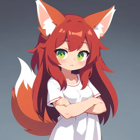 1girl, solo, red hair, green eyes, white clothes, adult, fox ears, fox tail, detailed, light skin, simple background