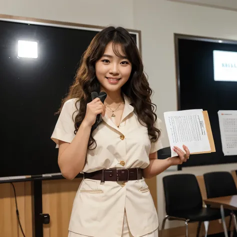 A realistic Thai girl with curly hair like a Korean girl, wearing a suit, doing a presentation at an event, double eyelids, a beautiful smile, cute, a clear half-body picture.