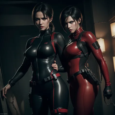 sexy Ada Wong and Jill Valentine from Resident Evil, surrounded by zombies, looking into the camera with fear on her face, looking at the viewer with surprise and anger, angry face expression, full body shot, shot from head to toes, shot from behind, she i...