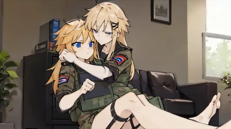 2 cat girls,long blond hair,short blond hair,one short,one tall,hugging,nigth,in a abandoned house ,sitting , both wearing black...