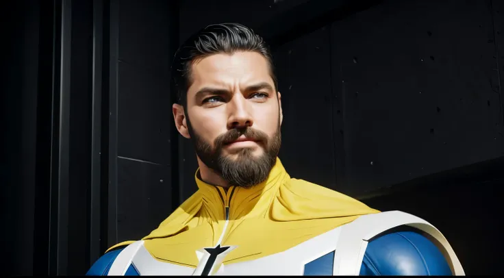 (obra de arte), (extremamente complexo:1.3), (realista), superhero, black hair, beard, blue eyes, superhero suit, from invincible series, smiling, fotografia profissiona, sharp focus, dramatic, premiado, cinematic lighting, Octane rendering, motor irreal, ...