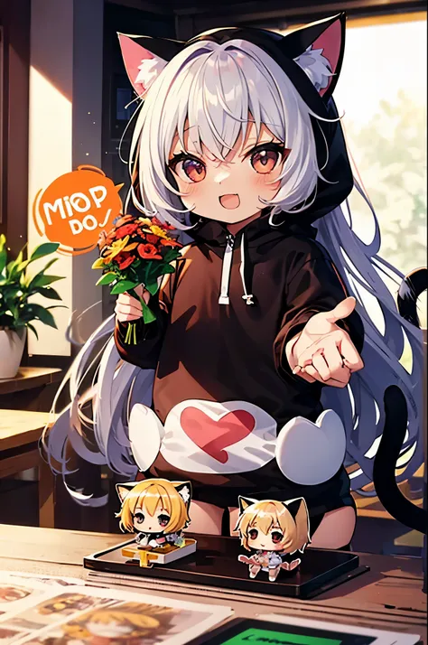 (Cat ear, Chibi:1.3), happy, (holding a bouquet), full body, (Kigurumi), indoors, on the table, (Nendoroid:1.1),