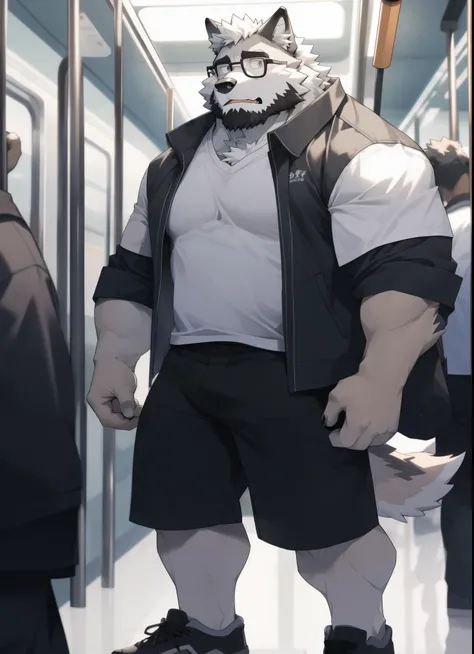 hairy，（Wolf，Black-rimmed glasses，White short sleeves，Gray long sleeve shirt jacket，rolled up sleeves，Casual shorts，white socks），beard，white fur，only，male，Common，full body picture， dynamic poses，On the subway，standing，shy expression，detailed background，极其li...