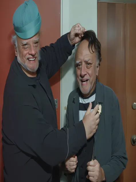 There is a man whose hair is being cut by a man., el chavo, el chavo del ocho, Danny de Vito, Muy divertido, foto tomada en 2 0 2 0, Ayanamikodon e Irakli Nadar, amr elshamy, taken in the early 2020s, Danny Devito como Johnny., con dos personajes