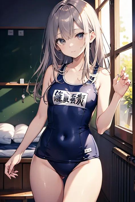 High quality、highest quality、complete limbs、Ultra high definition、Shining eyes、Full hands and fingers、slender beauty、Wearing a school swimsuit、shiny skin、hold your butt、expression of pain