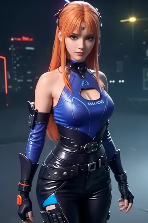 A girl with orange hair, with blue cyberpunk outfit, in a colorful meadow, at night