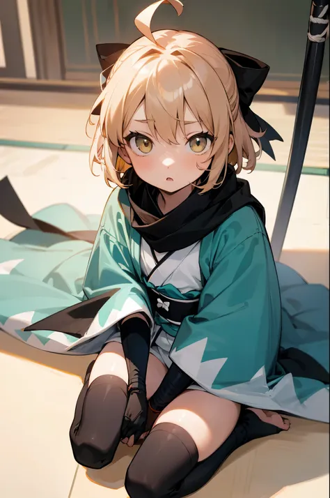 (masterpiece), best quality, expressive eyes, perfect face, highres, (petit body:1.3) kid, 1 girl  solo, okita souji, ahoge, arm guards,wide sleeves,toeless legwear,bangs,obi, white kimono, shinsengumi, black thighighs, yellow eyes,thighhighs , short kimon...