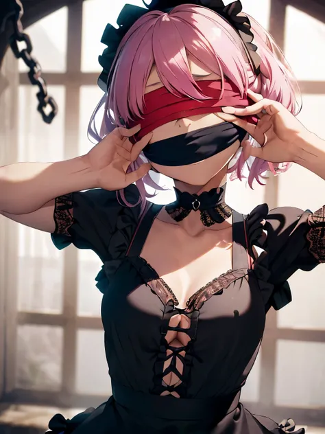 character//pink hair,long hair with curls,With bangs,(glossy mouth), ,((My eyes are hidden with a blindfold:1.4)) BREAK//((Maid outfit full of lace and frills:1.3)),((Lace inner on the chest)),BREAK//((画面いっぱいのtorture器具:1.6)),((Petals are fluttering:1.3)),(...