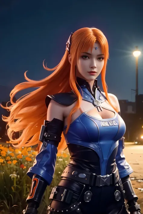 A girl with orange hair, with blue cyberpunk outfit, in a colorful meadow, at night