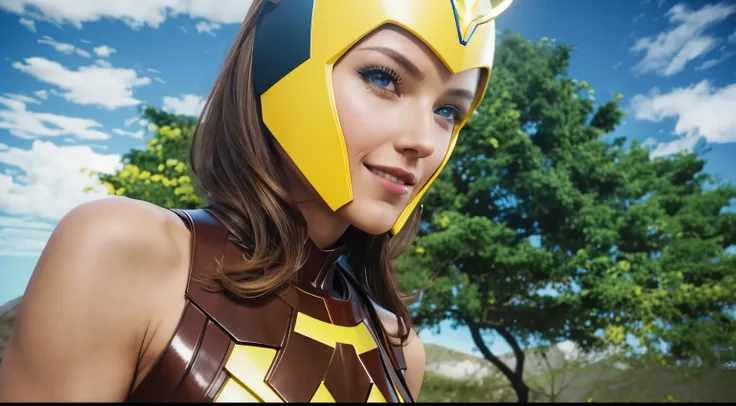 (obra de arte), (extremamente complexo:1.3), (realista), superhero women, brown hair, blue eyes, yellow metallic head accesories, superhero suit, from invincible series, smiling, fotografia profissiona, sharp focus, dramatic, premiado, cinematic lighting, ...