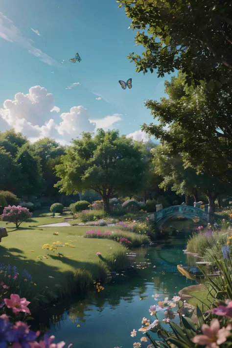 masterpiece, best quality, high quality, extremely detailed cg unity 8k wallpaper, )an extremely colorful and purely fantasy environment with vibrant hues and a bright sky), landscape of bright green grass, colorful trees, glittering fruits, and bright blu...