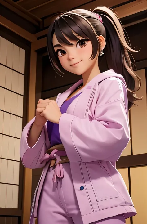 a beautiful white japanese girl with 19 years old, with, beautiful brown eyes, Relaxed smile, lean, a litle small, light pink jacket with light purple details, light purple pents, with a katana, in a dojo, in a pose fight, cartoon style