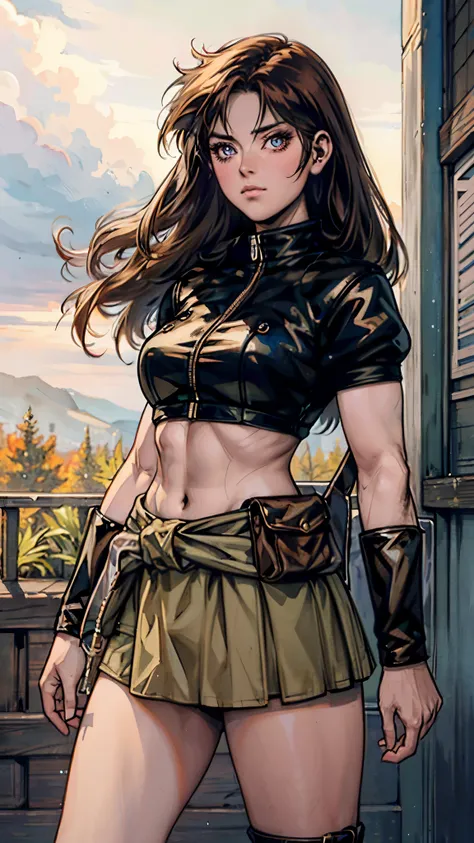 A woman with long brown hair, a determined expression on her exquisite face, a tall and muscular physique, a cropped top that exposes her waist, a yellow leather jacket with rolled-up sleeves, sturdy wooden forearm guards, two ribbons are elegantly tied ar...