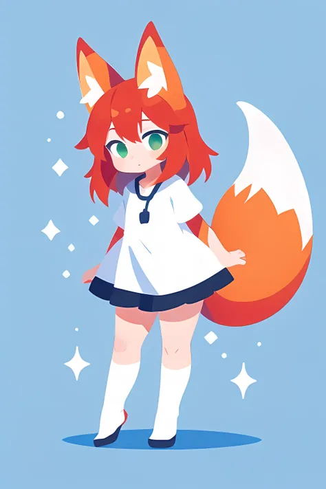 1girl, solo, red hair, green eyes, white clothes, adult, fox ears, fox tail, light skin, fullbody, minimalist