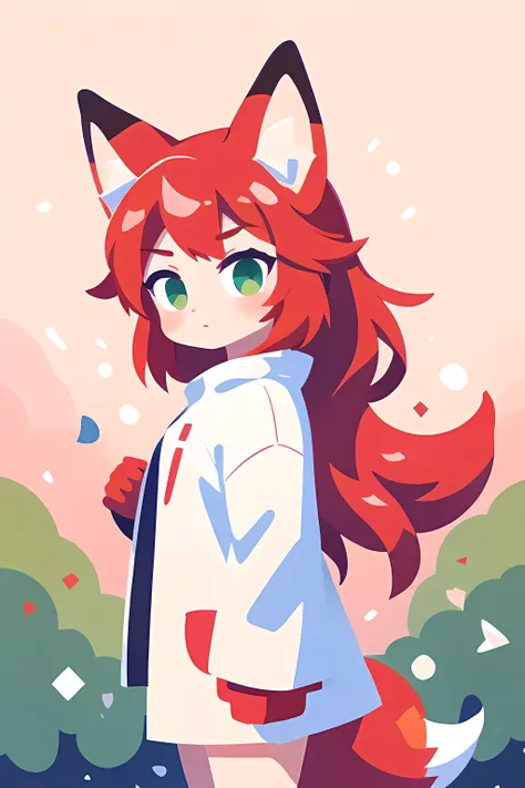 1girl, solo, red hair, green eyes, white clothes, adult, fox ears, fox tail, light skin, sakura field background