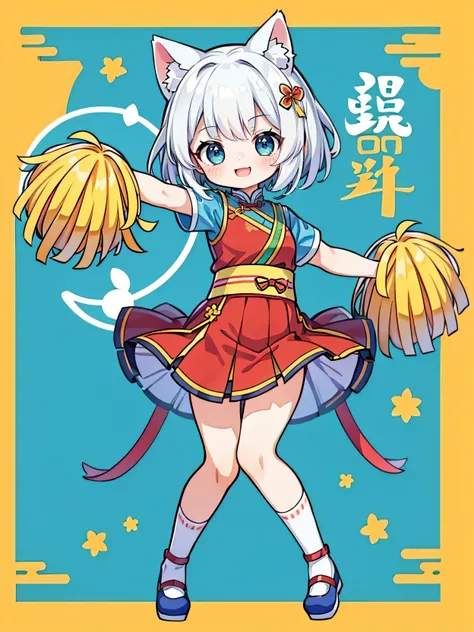 girl, short hair, cat ears, Chinese traditional costume fusion cheerleader, SD Character, strong cheering, Beaming smile,