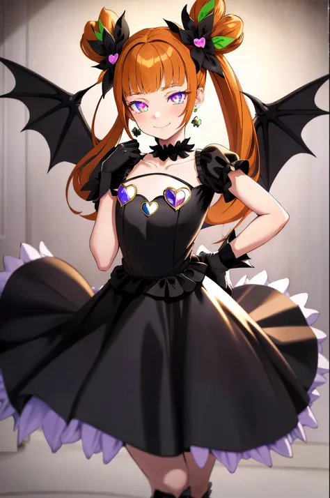 best quality, ultra detailed,1girl, solo, aaalice, yellow eyes, orange hair, long hair, twintails, double bun, hair ornament, hair flower, earrings, green choker, magical girl, heart brooch, dress, (black dress:1.2), black shorts, puffy short sleeves, blac...