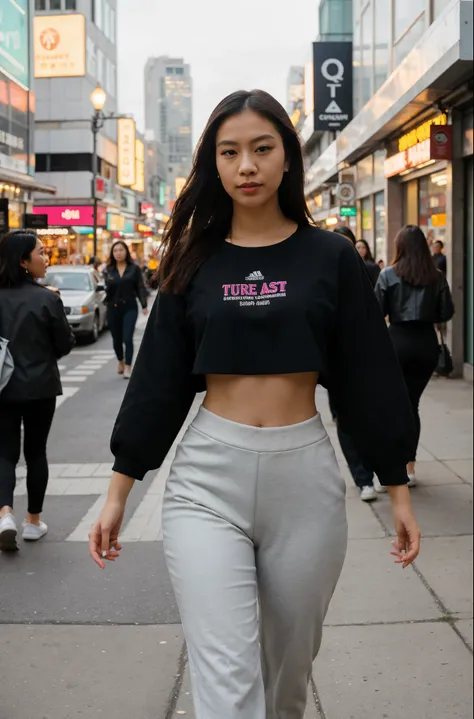 Standing in kitchen, (high quality:1.2),ultra-detailed,realistic,beautiful detailed eyes,beautiful detailed lips,extremely detailed eyes and face,long eyelashes,1girl,Asian woman,walking in a city,tight-fitting pants,bare midriff,urban landscape,modern arc...