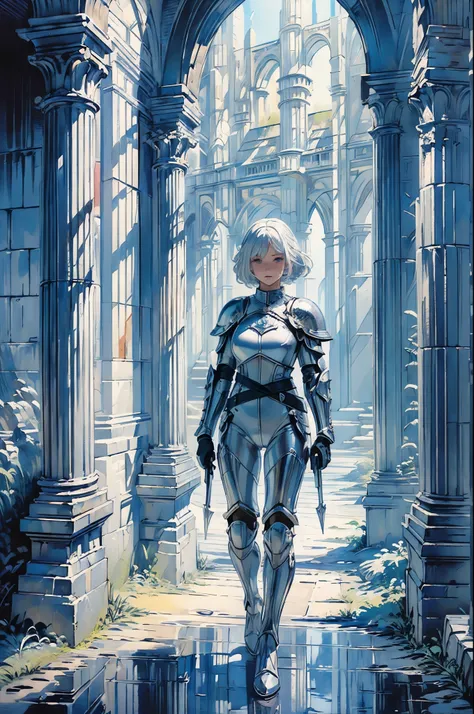 (((masterpiece))), (((best quality))), ((ultra-detailed)), (cinematic lighting), (illustration), (beautiful detailed eyes), (1girl), full body, space, knight, armour, light hair, walking, castle in distance, best quality, expressive eyes, perfect face, Gir...