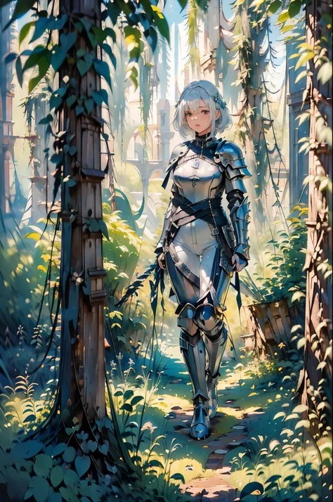 (((masterpiece))), (((best quality))), ((ultra-detailed)), (cinematic lighting), (illustration), (beautiful detailed eyes), (1girl), full body, space, knight, armour, light hair, walking, castle in distance, best quality, expressive eyes, perfect face, Gir...