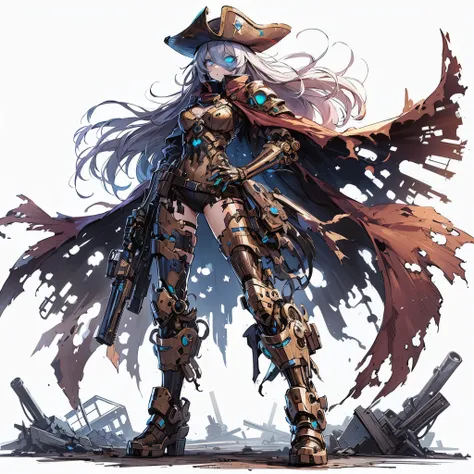 
(masterpiece, best quality), ultra detailed, anime style, full body, solo, mechanized undead pirates lady, high-tech armor under torn capes, captain hat and full-face mask, wearing hi tech boots, neon blue eyes, standing in wasteland, digital painting, 8K...