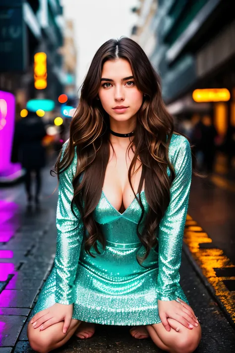 Photo of a 22-year-old European girl with longing gaze, (extra long wavy brown hair), beautifully detailed face, and intricately defined facial features. Her skin is finely detailed and pale, with a transparent deep V-neck dress revealing a detailed deep c...