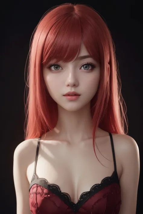 1girl, star eye, blush, perfect illumination, red hair, red eyes, unreal engine, sidelighting, detailed face, bangs, bright skin, simple background, dark background, 