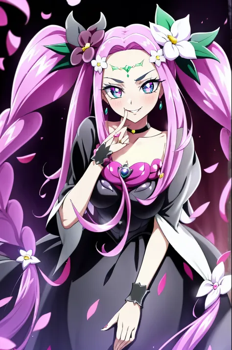 best quality, ultra detailed,1girl, solo, long hair, looking at viewer, blue eyes, skirt, hair ornament, dark evil dress, twintails, green eyes, dark pink hair, braid, evil flower, cowboy shot, choker, hair flower, pink eyes, twin braids, black skirt, blac...