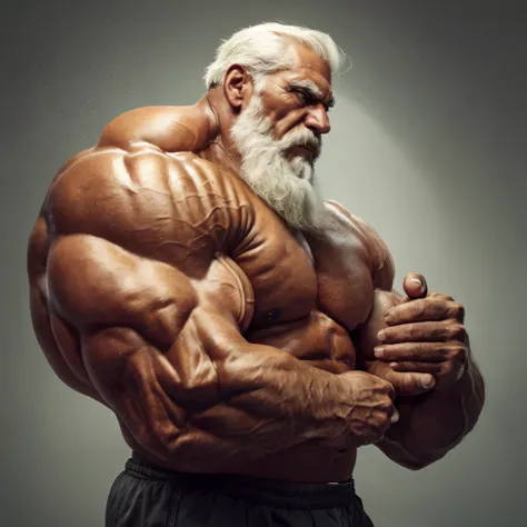 muscular old man standing, side view, detailed eyes, eyes, really big muscle, bigger muscle, very big muscular, over sized muscle, biggest muscle, big pec muscular, biggest pec muscle, detailed muscle, realistic rendering, CG realistic, 3d realistic, photo...