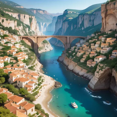 Landscape of a (dense Mediterranean village) built into canyon walss with bridges everywhere