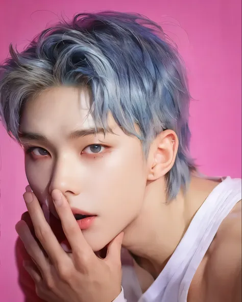 a close up of a person with a blue hair and a white tank top, hwang hyunjin of stray kids, hwang hyunjin of stray kids, inspired...