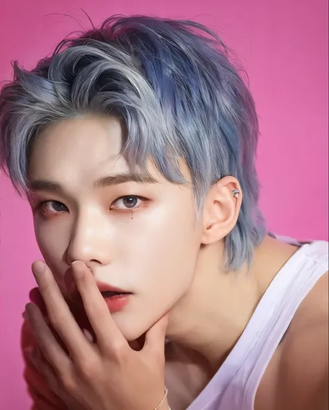 a close up of a person with a blue hair and a white tank top, hwang hyunjin of stray kids, hwang hyunjin of stray kids, inspired...