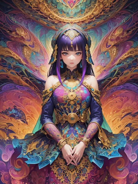 (masterpiece, top quality, best quality, official art, beautiful and aesthetic:1.2), (1girl:1.3), extremely detailed,(fractal art:1.2),colorful,highest detailed,(zentangle:1.2), (dynamic pose), (abstract background:1.5), (treditional dress:1.2), (shiny ski...