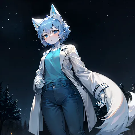 little wolf ears，Blue shirt，White trench coat，blue pants，white skin，female，starry sky，16 years old，thin waist，hairy