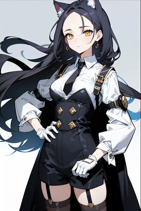 1girl, young woman, solo, dark blue hair, long hair, big hair, (forehead), cat ears, yellow eyes, medium breasts, neutral, (overcoat, black coat, open coat:1.2), white shirt, collared shirt, (chest harness, shoulder strap:1.15), black shorts, garter belt, ...