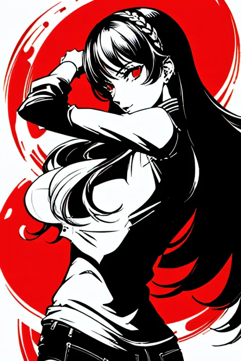 red_black_white,(masterpiece, highest quality:1.3), 1 girl, cel shading, bold outline, flat color, sharp shadows, graphic style,...