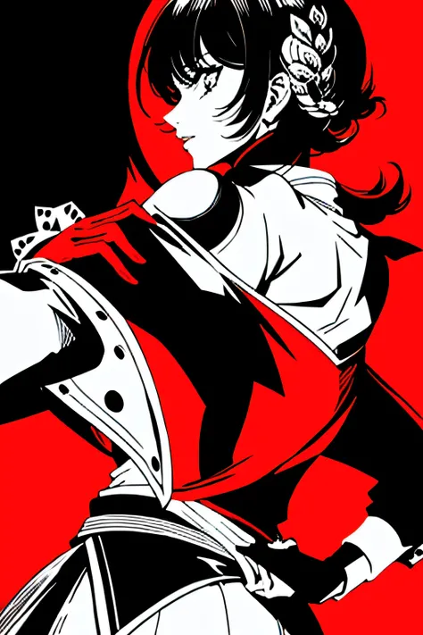 red_black_white,(masterpiece, highest quality:1.3), 1 girl, cel shading, bold outline, flat color, sharp shadows, graphic style, (Manga influence), beautiful line drawing, (striking visuals),colorful background