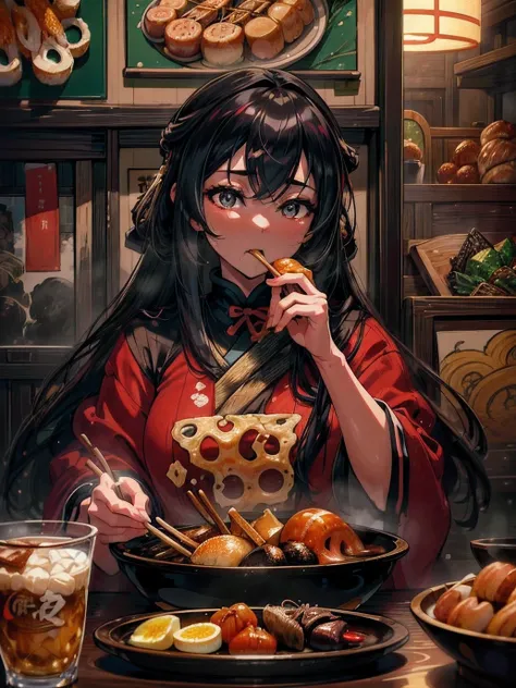 (A hyper-realistic), (Illustration), (High resolution), (8K), (Very detailed), (Best Illustration), (Beautiful and detailed eyes), (Best Quality), (ultra-detailliert), (​master piece),Beautiful woman eating Japan oden,heavy sweater、Oden stall、