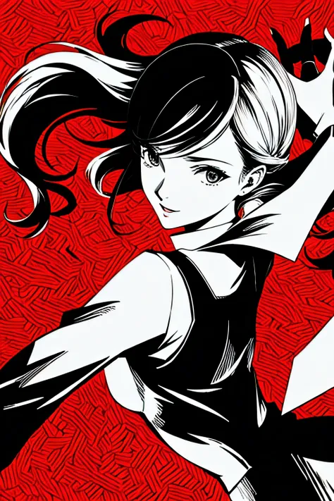 red_black_white,(masterpiece, highest quality:1.3), 1 girl, cel shading, bold outline, flat color, sharp shadows, graphic style,...