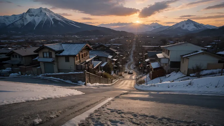 Friday HD Masterpiece The Way Home Rich in Details City Road Far Mountain Sunset One Way No Street Light Road Facing Mountain No Ramp Miyazaki Hayao style, neige