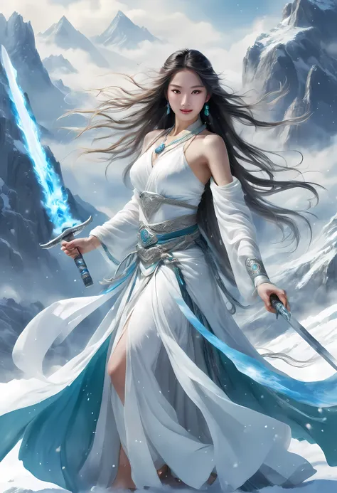 Drawing the sword of the snow mountain, the sword with the cold ice flame of the ancient style woman, holding the blue flame burning sword, white clothes dancing sword in the snow long hair flowing, holding a silver long sword beautiful woman, wearing jade...