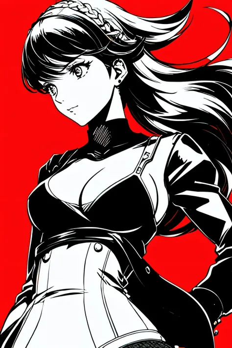 red_black_white,(masterpiece, highest quality:1.3), 1 girl, cel shading, bold outline, flat color, sharp shadows, graphic style, (Manga influence), beautiful line drawing, (striking visuals),