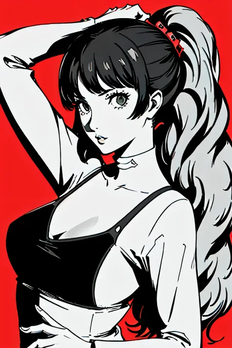 red_black_white,(masterpiece, highest quality:1.3), 1 girl, cel shading, bold outline, flat color, sharp shadows, graphic style,...