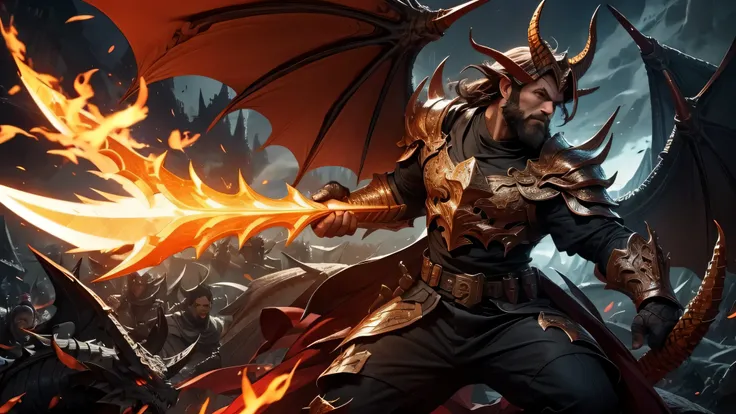 Un homme robuste, couvert d&#39;écailles de dragon. Il a des ailes imposantes, cornes de dragon et yeux flamboyants. Il brandit une lance de feu. Avec des dragons en arrière-plan. dans un style League of Legends.