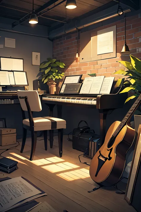 Visualize the creation of an image for a lo-fi chill-out musical studio, dedicated to relaxing music. The main focus should be on the studio, with an emphasis on musical notes and instruments, ensuring a minimum resolution of 1024 x 576 pixels.

Envision a...