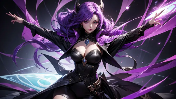 Une femme mystérieuse aux cheveux violets et aux yeux énigmatiques. Elle est vêtue d&#39;une tenue qui semble constamment changer. Les illusions dansent autour d&#39;elle. dans un style League of Legends.