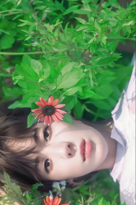 there is a man with a flower in his hair lying in the grass, park Jimin, Jinyoung Shin aesthetic, com flores, Jimin, Jung Jaehyun, cai xukun, Jungkook, inspirado em Bian Shoumin, foto colorida, Kim Doyoung, accurate Jimin face, Jiminthe full lips, Jinyoung...